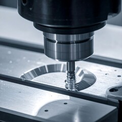 Silver tool precisely cuts a perfect circle into the flat surface of the machining process