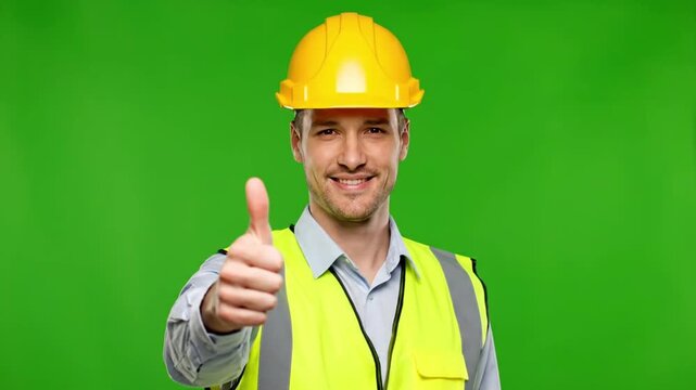 industrial safety themed portrait worker posing proudly with thumbs up hand gesture calm relaxed shoulders friendly expression reflective vest catching soft light helmet bright yellow smooth green scr