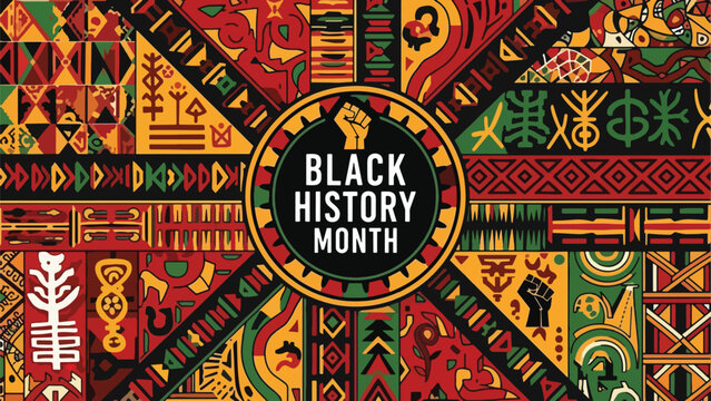 Vibrant Afrocentric pattern celebrating Black History Month with diverse symbols