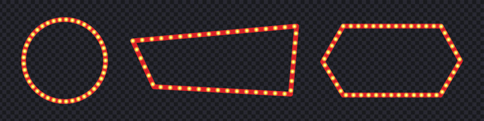 Marquee sign box icon set vector. Circle, trapezium, and hexagon retro red light frames. Red neon cinema box, empty frame with gold lights, circus, casino, karaoke bar symbol. vector illustration. © MdNurul