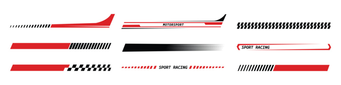 Sport racing stripes icon set vector. Turbo power, speed and drift vinyl decal for car bike and truck. Vehicle red and black tuning, motor transport modification symbol. vector illustration.