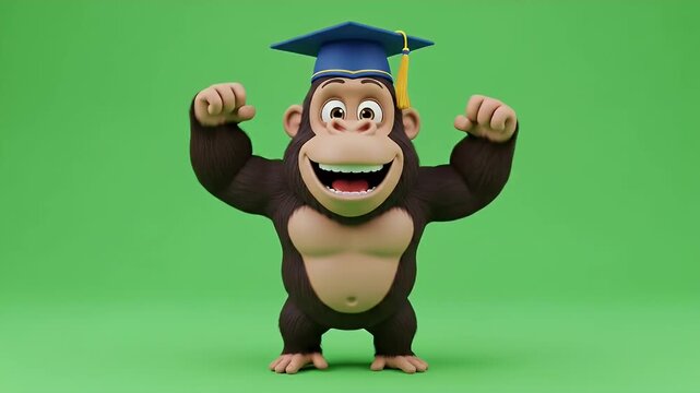 Graduating Cartoon Gorilla on Green Screen - A cartoon gorilla proudly wears a graduation cap, standing on a chroma key green screen background.