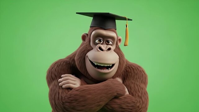 Cartoon Gorilla Graduation on Green Screen - A cartoon gorilla with a graduation cap poses with arms crossed against a green screen background.
