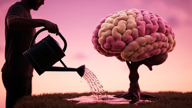 Cultivating the Mind A person waters a symbolic brain-tree, depicting intellectual growth and continuous learning