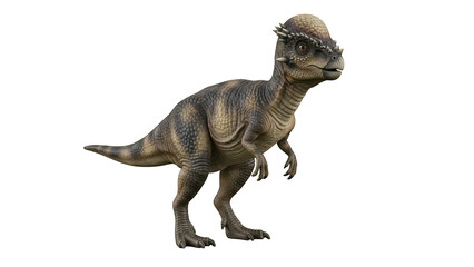 Fototapeta premium A brown dinosaur toy with a distinctive crest on its head stands on a transparent background.