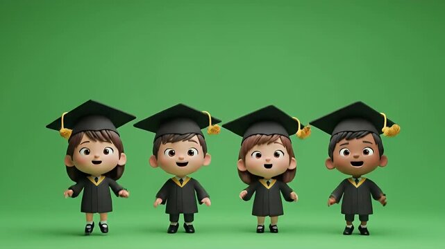 Cartoon Kids Graduation on Green Screen - Four cartoon children characters wearing graduation gowns and caps stand in a row against a bright green screen background.