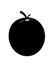 Simple black silhouette of a round fruit with a short stem on a clean white background