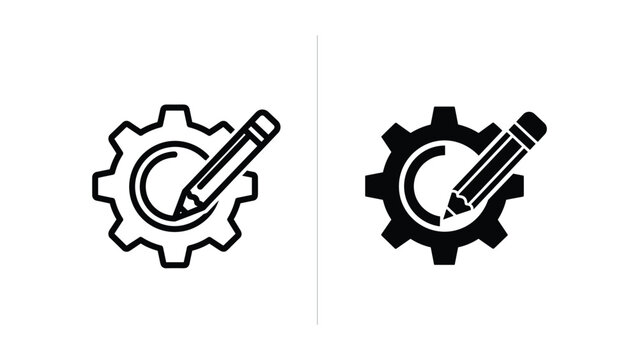 Pencil and gear icon set for technical drawing and engineering