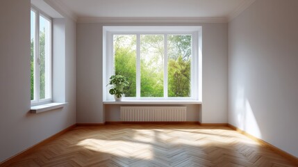 Fototapeta premium Bright and Airy Empty Room with Large Windows Overlooking Lush Green Trees in Natural Light