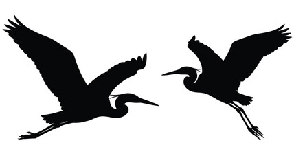 Two flying herons depicted in a striking black silhouette © Hiron