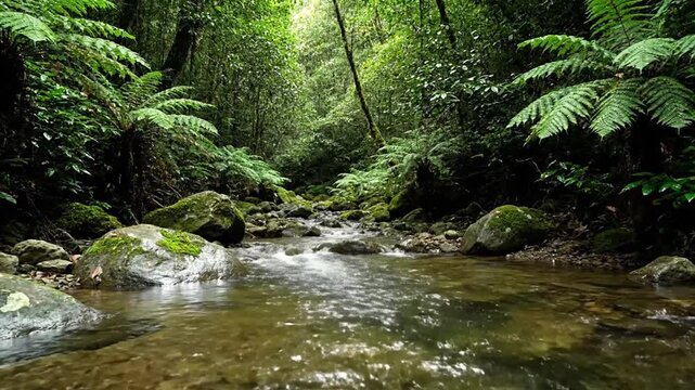 fresh mountain river gently streaming through dense rainforest mossy stones wet surfaces glistening under soft daylight rich greenery filling entire frame peaceful untouched ecosystem crystal clear wa