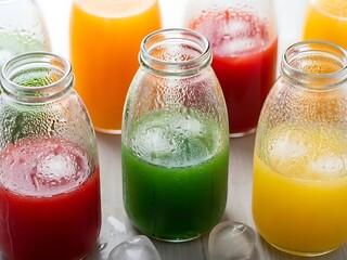 Fototapeta premium Variety of fresh colorful juices in glass jars with ice cubes nearby