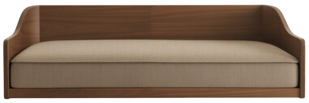Brown wooden bench with beige cushion isolated on a transparent background