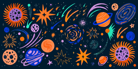 Naklejka premium Colorful illustration of planets stars and cosmic swirls in space