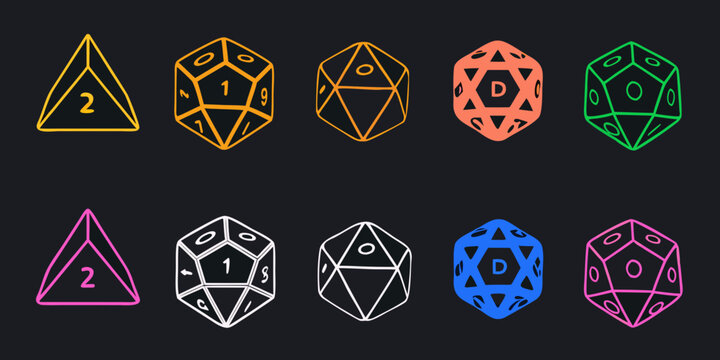 Colorful set of polyhedral dice including d4 d6 d8 d10 and d12