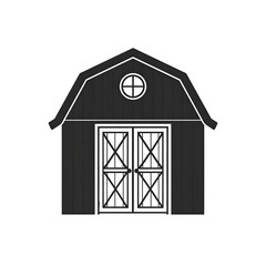 Simple grey gambrel-roof barn illustration with double doors and round window, centered on a white background