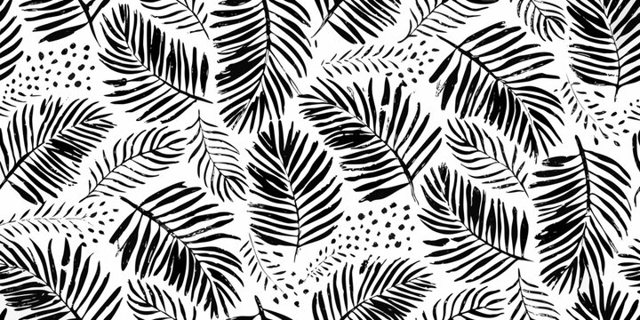 Black and white tropical leaf pattern with scattered dots