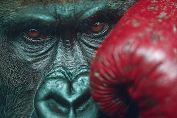 A close-up of a gorilla's intense face with a red boxing glove, blending wildlife and sport in a powerful, dramatic composition.