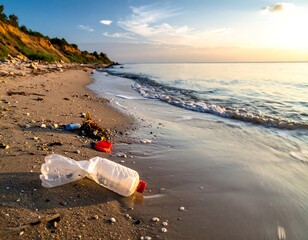 Obraz premium Beach scene with trash, ocean, cliff, and a setting sun