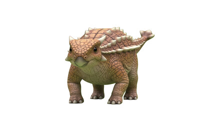 Fototapeta premium A Stegosaurus toy with a green underbelly and brown spikes stands on a transparent background.