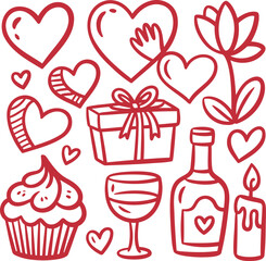 Whimsical red outline icons for romantic celebrations featuring hearts gifts and desserts