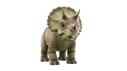 Fototapeta premium A green and brown toy triceratops dinosaur standing on a transparent background.
