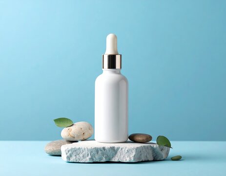 A white cosmetic bottle on a stone podium with pebbles and leaves