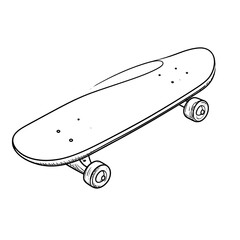 Simple, line drawing of a skateboard, angled slightly upward showing wheels and deck detail on a white background