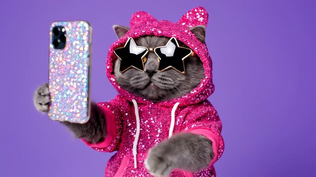 Cat Takes a Selfie with a Smartphone, Wearing a Sparkly Pink Sequin Hoodie and Star Sunglasses on Purple Background