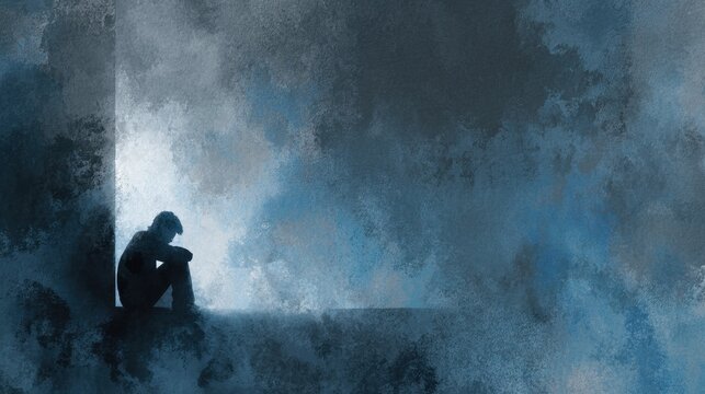 Melancholy: A solitary figure, cloaked in shadows, contemplates the vastness, enveloped by an ethereal ambiance, their form a poignant emblem of introspection and vulnerability.