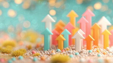 Fototapeta premium Colorful arrows rise up from a surface of beads and grass in a bright setting