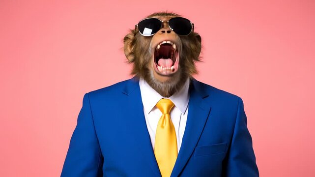 Monkey in a Blue Business Suit and Sunglasses Screams with an Open Mouth Against a Pink Background