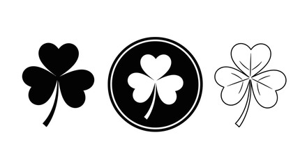 Three stylized shamrock icons in black and white, representing good luck and Irish heritage.