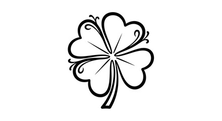 A stylized black and white illustration of a four-leaf clover with decorative swirls.