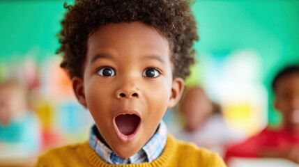 Child shows excitement in classroom during fun learning activity with peers