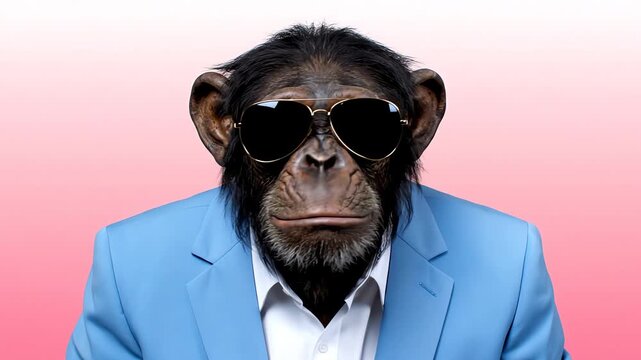 Chimpanzee in Sunglasses and Suit Opening Mouth and Closing Mouth on Studio Background