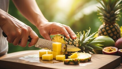 Preparing a refreshing tropical fruit salad with fresh pineapple cubes