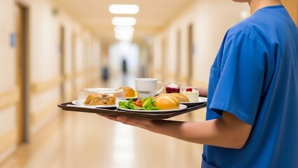 Healthcare worker delivering a meal tray down a hospital corridor.