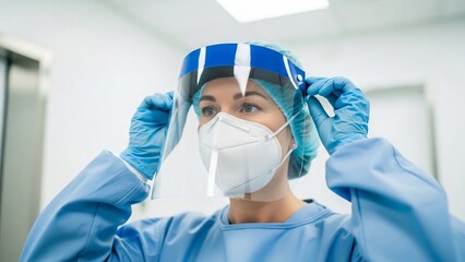 Healthcare worker putting on protective gear including face shield and mask.