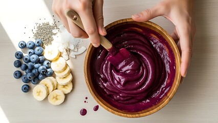 Preparing a Vibrant Acai Bowl with Fresh Fruits and Healthy Superfoods