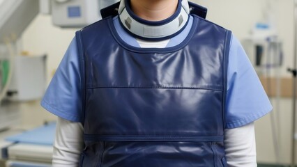 Medical professional wearing protective lead apron and thyroid shield.