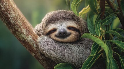Fototapeta premium Sleepy Sloth: A tranquil sloth comfortably lounges in its natural habitat, nestled on a sturdy tree branch and surrounded by lush green foliage.