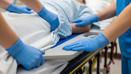 Medical Professionals in Blue Gloves Assisting Patient on Stretcher.