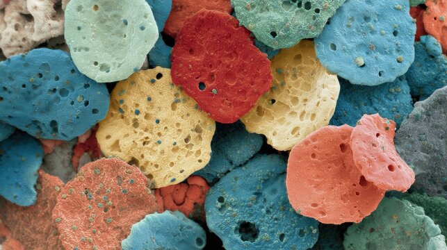 Colorful pieces of sponge-like material collected on a surface