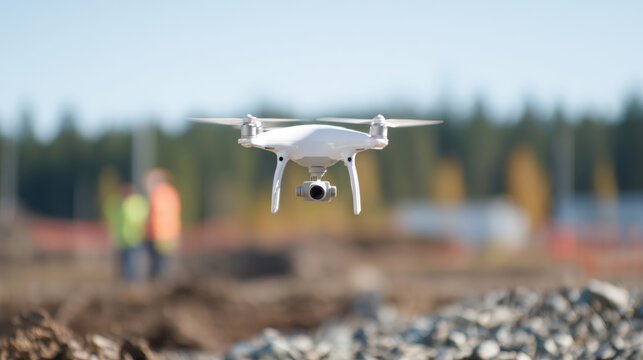 Drone captures footage at construction site in daylight near workers on site
