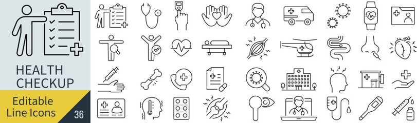 線の編集ができる健康診断に関するアイコンセット（アウトライン化していない）
