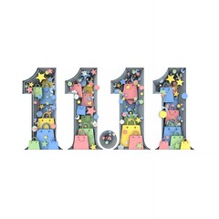 Obraz premium 11.11 Singles Day shopping festival typography featuring paper-cut style numbers filled with colorful shopping bags, stars, and circular confetti on a white background