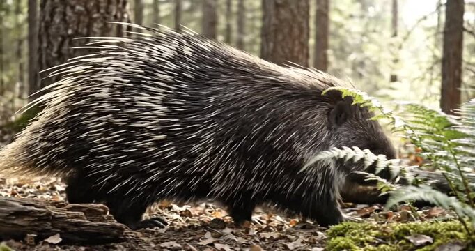 Porcupine exploring forest floor with sharp quills among trees and fallen leaves
