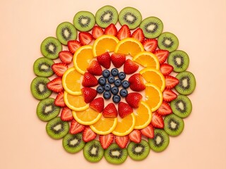 Vibrant fruit kaleidoscope of kiwi, strawberry, orange and blueberry array