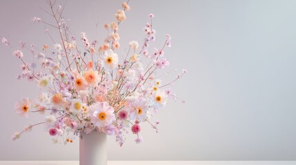 Colorful flower arrangement in a vase on a simple background